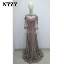 Nyzy m308 elegante 3/4 mangas plissados chiffon rendas pérolas longo mãe dos vestidos de noiva 2020 vestido de festa de casamento vestido formal 2024 - compre barato