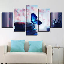 Pintura de arte em tela hd para sala de estar, 5 unidades, decoração para parede, borboleta azul sobre livros, imagem agradável 2024 - compre barato