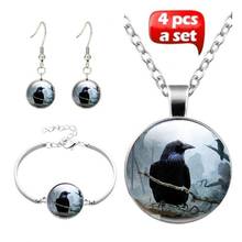 4Pcs/Set New Fashion Handmade Glass Witchcraft Gothic Raven Crow Pendant Choker Necklace Bracelet Earrings For Women Jewelry 2024 - buy cheap