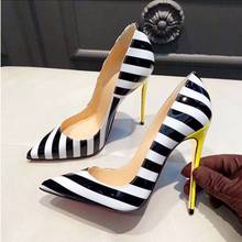 Sexy Yellow Heels Zebra Stripe Dress Shoes Black White Patent Leather Shallow Pumps 12CM Stiletto Heels Pointed Toe Shoes 2024 - buy cheap