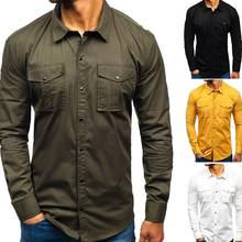 Camisa masculina de manga longa, camisa da moda, cor sólida, botão slim com vários bolsos, gola virada para baixo, roupa masculina 2024 - compre barato