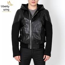 Italy Brand Mens Suede Patchwork Hoody Bomber Sheepskin Genuine Leather Casual Outerwear Coats Motorcycle Jacket 2024 - buy cheap