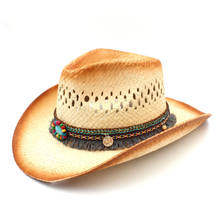 Fashion Women Western Cowboy Hat With Tassel Ribbon Handmade Weave Lady Beach Sun Sombrero Mesh Cowgirl Hat Size 58CM 2024 - buy cheap