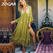 ZOGAA 2019 Summer Boho Maxi Dress Women Floral Embroidery V-Neck Tassel Ruffles Beach Dresses Elegant Chic Cotton vestidos festa 2024 - buy cheap