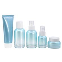 New Arrival Empty Cosmetic Container Clear Blue Glass Spray Lotion Pump Toner Bottles120ml 100ml 40ml White Lid 50G Cream Jars 2024 - buy cheap