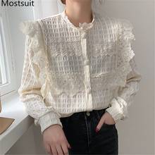 Женская винтажная кружевная блузка, элегантная однобортная блузка с длинным рукавом, модель 2021 в Корейском стиле 2024 - купить недорого