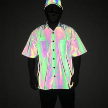 Camisas reflectantes de manga corta para hombre, camisa informal de gran tamaño, ropa de noche para club nocturno, para correr, color arcoíris 2024 - compra barato