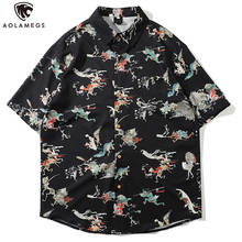 Aolamegs Men Shirt Retro Chinese Style Print Casual Baggy Bermuda Beach Short Sleeve Fashion Casual All-match Couple Streetwear 2024 - buy cheap