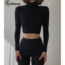 Rockmore-crop top feminino com gola alta tecido canelada, camiseta casual de manga comprida, sexy, estilo simples, para festa em clube, primavera 2020 2024 - compre barato