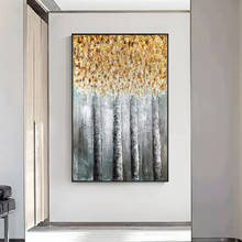 Pintura al óleo abstracta de cuatro árboles con hojas doradas pintada a mano sobre lienzo, arte de pared moderno sin marco para decoración del hogar y sala de estar 2024 - compra barato