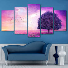 Pintura de tela para parede, arte modular, decoração de casa, 5 painéis, roxo, árvore, sala, estampa moderna, paisagem 2024 - compre barato