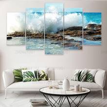 Pintura en lienzo de olas de costa marina, arte de pared, decoración del hogar, imagen de paisaje marino Modular, carteles e impresiones para sala de estar, 5 paneles 2024 - compra barato