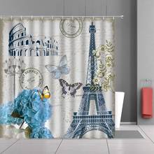 Cortina de ducha de la Torre Eiffel, diseño Vintage de flores de París, Hortensia azul, estampado Floral romano Retro, decoración 2024 - compra barato