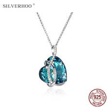 Silverhoo colar feminino de prata esterlina 925, pingente de coração irregular, linha azul austríaca, colar de cristal, presente de joalheria para mulheres 2024 - compre barato