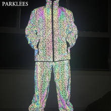 Jaqueta refletiva colorida para homens, jaqueta masculina esportiva fashion luminosa com capuz brilhante legal para hip hop, conjunto de terno casual para homens 2024 - compre barato