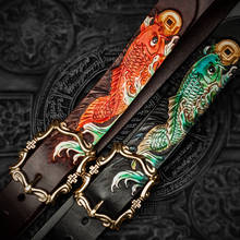 Cinturones de piel auténtica para hombre y mujer, cinturón de cuero curtido con diseño de pez de la suerte, estilo clásico vintage, con hebilla 2024 - compra barato