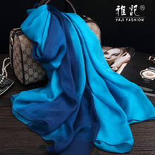 100% real lenço de seda moda feminina longo azul pintados à mão gradiente cor natural lenço de seda senhoras feminino foulard femme 2024 - compre barato