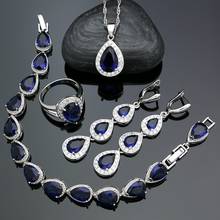 Conjunto de joias de noiva femininas, prata 925, azul, zircônia cúbica, cristal branco, brincos longos, pulseira, colar, pingente 2024 - compre barato