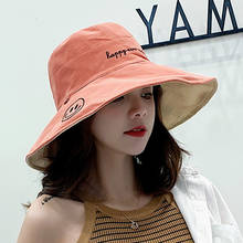 Sombreros de pescador de doble cara para mujer, sombrero de algodón con visera grande, para playa, dibujo de sonrisa, sombrero Panamá, para exterior, plegable 2024 - compra barato