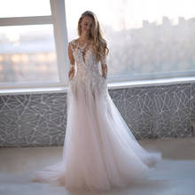 A-line Long Sleeves Beautiful Lace with Crystal Pink Wedding Dress 2021 Illusion Back Nude Illusion Neck Bridal Dresses 2024 - buy cheap