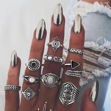 Anillo geométrico de color para mujer, combinación de gemas exageradas, conjunto de anillos de fiesta de 10 piezas, estilo retro nacional 2024 - compra barato