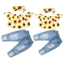 Focusnorm/Модный комплект летней одежды для маленьких девочек; топы с открытыми плечами и цветочным принтом; джинсовые штаны; комплект одежды; летняя одежда 2024 - купить недорого