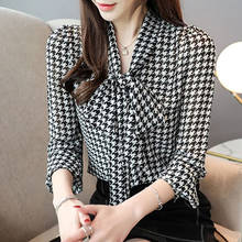 Blusa feminina chiffon manga comprida, camisa feminina casual laço gola xadrez estampada df4003 2024 - compre barato