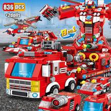 Construcción de camiones de bomberos para niños, 836 piezas, coche, bloques de construcción, deformado, robot de fuego, helicóptero, barco, ciudad, bombero, figuras, bloques, Juguetes 2024 - compra barato