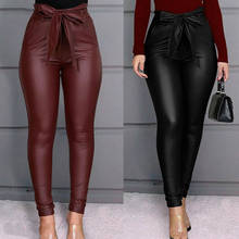 Calça lápis de cintura alta preta e vermelha, calça longa feminina de couro falso, estilo casual, sexy e skinny, 2020 2024 - compre barato