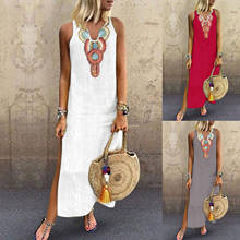 Women Summer Dress Boho Printed Sleeveless Maxi Dresses Loose Ladies Split Hem Baggy Kaftan Linen Long Dress Vestidos De Mujer 2024 - buy cheap