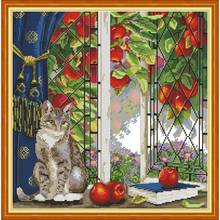 Kit para contagem e gravação de janelas, gatos on the windows, 11ct 14ct, ponto cruz, diy, padrão animal, ponto cruz, bordado, bordado 2024 - compre barato