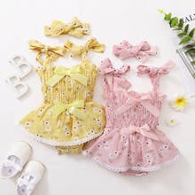 Conjunto de roupas florais para bebês, verão, estampa, macacão meninas sem mangas + tiara com laço para bebês de 0-18 meses 2024 - compre barato