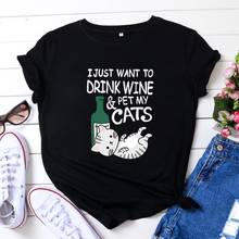 Camiseta de algodão feminina estampa do vinho e gato, camiseta casual para mulheres, manga curta 2024 - compre barato