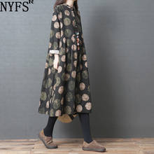Nyfs-novo vestido feminino de outono, vestido vintage solto, manga longa, robe, camisa de algodão e linho, 2021 2024 - compre barato