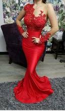 Elegant O-Neck Long Sleeve Satin Mermaid Red Evening Dresses Floor Length Zipper Back Lace Beaded Formal Party Dresses for Women 2024 - buy cheap