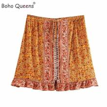 Minifalda Hippie de estilo bohemio para mujer, Falda corta con estampado floral, de rayón y algodón, cintura elástica, para playa 2024 - compra barato