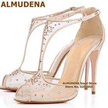 ALMUDENA Top Brand Nude Black Mesh Crystal Wedding Shoes Bling Bling Rhinestone Stiletto Heels T-strap Banquet Shoes Women 2024 - buy cheap
