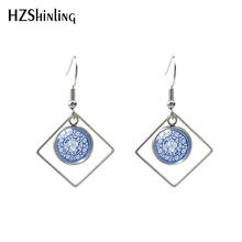 2020 New Blue Flower blue and white porcelain Rhombus Hook Earrings Glass Cabochon Round 12mm Earrings 2024 - buy cheap