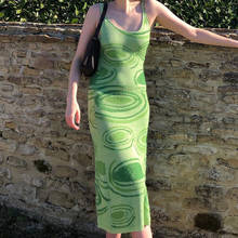 Sexy Print Knit Bodycon Dress Green Y2k Party O-neck Dress Hollow Out Sleeveless Spaghetti Strap Beach Midi Dress Women Summer 2024 - buy cheap