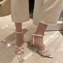 2021 Summer Sweet Women Pearl 7cm High Heels Sandals Designer White Heels Butterfly Knots Mesh Sandals Cinderella Wedding Shoes 2024 - buy cheap
