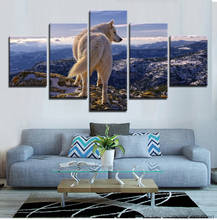 Pintura de lienzo moderno para decoración del hogar, arte de pared impreso en HD, imágenes de Lobo Blanco, Highlands, carteles de animales salvajes, marco de 5 paneles 2024 - compra barato