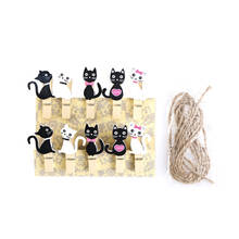 Clips de madera para gato japonés con cuerda de cáñamo, Mini Clip de comida Kawaii, Clip de papel de madera para bolsa, herramientas de bricolaje para estudiantes, 10 piezas 2024 - compra barato