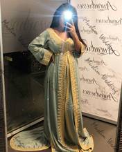 Chic Sage Kaftan Muslim Evening Dresses 2020 Sexy V Neck Long Sleeve Gold Appliques Prom Dress Elegant Turkey Silk Evening Gown 2024 - buy cheap