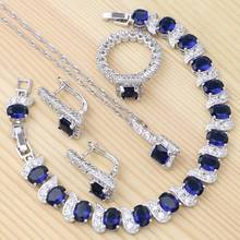 Conjunto de joyas de plata de ley 925, Zirconia cúbica azul, cristal blanco para mujer, pendiente de tuerca/colgante/Collar/pulsera/anillo 2024 - compra barato