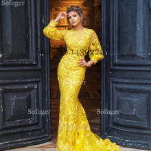 Yellow Mermaid Lace Evening Dresses Puffy Sleeves Appliques Saudi Arabic Special Occasion Evening Formal Party Gown Dresses 2024 - buy cheap