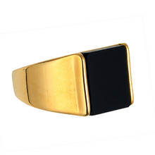 New Fashion Retro Golden Square Black Gemstone Ring Fashion Men's Jewelry Titanium Steel Men's Ring Jewelry 2024 - buy cheap