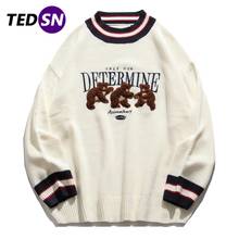 Bear Patchwork Striped Men Knitted Sweater 2020 Autumn Harajuku Sweater Oversize Hip Hop Streetwear Cotton Pullover Men Clothing 2024 - buy cheap