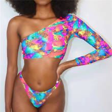 Mossha-bikini brasileño de un hombro para mujer, traje de baño de manga larga con estampado Vintage, traje de baño de corte alto, ropa de playa 2021 2024 - compra barato