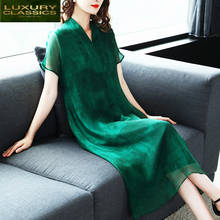 Real Summer Dress 100% Silk Dress Women Clothes 2021 Boho Mid Green Dresses Vinatge Elegant Ladies V Neck Vestidos 8599 2024 - buy cheap