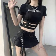 Streetwear Punk Hollow Out Black T Shirt Harajuku Goth Letter Print Bodycon Short Sleeve Top Women Sexy Basic Crop Tops 2024 - buy cheap